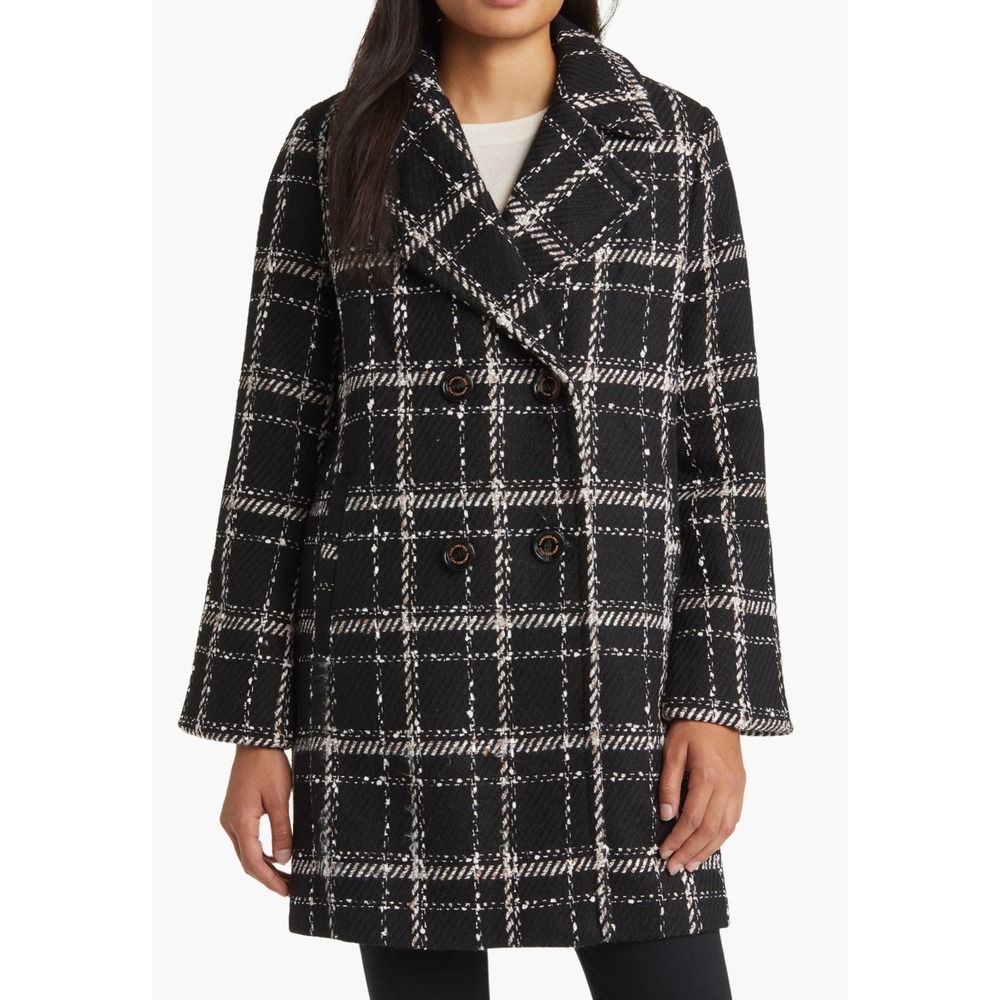 Sam Edelman Womens Black White Plaid Tweed Double Breasted‎ Pea Coat Size S